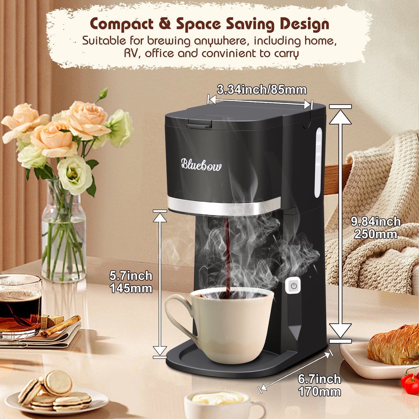 Bluebow Single Serve Coffee Maker for K Cup & Ground Coffee& Tea, Capsule Coffee Machine, 6-12oz Brew Size, Black