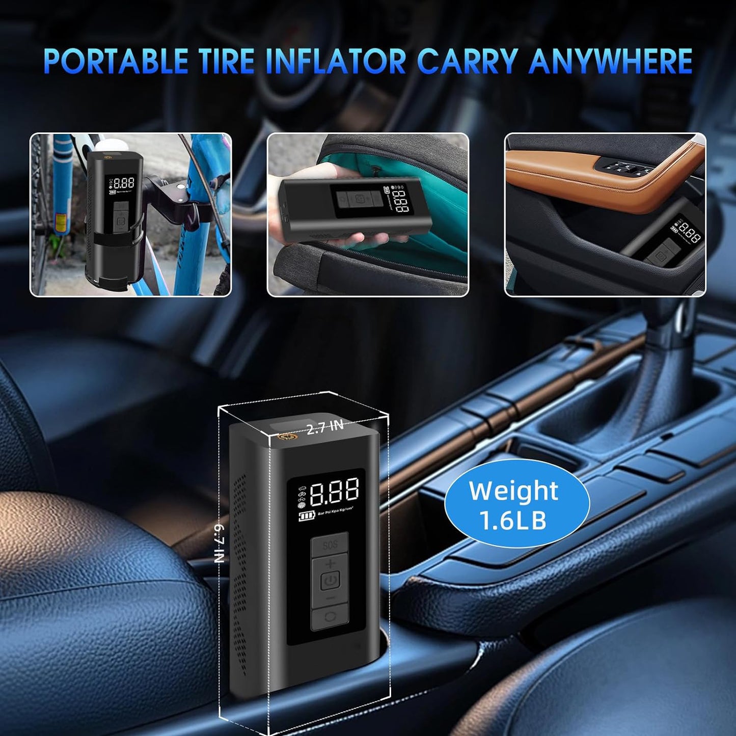 Lieucyst Portable Tire Inflator Air Compressor, Air Pump with 12000mAh Battery, 12V Dual Power