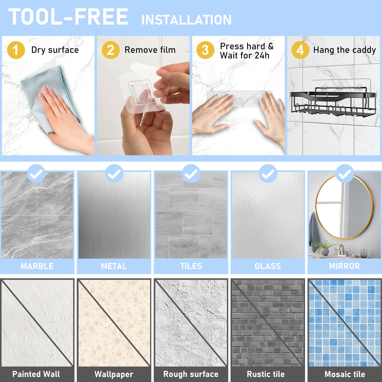 Vaparinckl Shower Caddy, 5 Pack No Drilling Adhesive Bathroom Organizers and Storage, Wall-Mounted Basket Accessories, Black