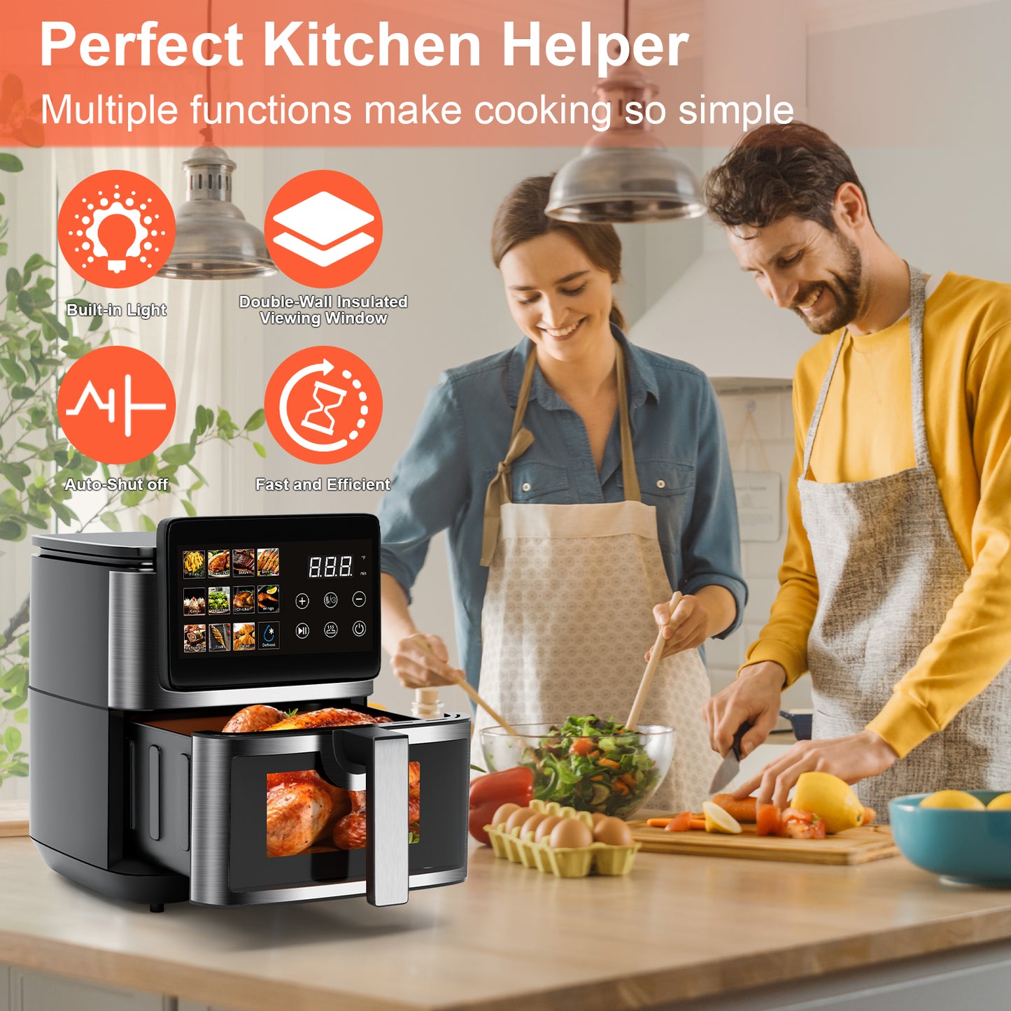 Bluebow 9QT Air Fryer with Large Touch Screen, 12-In-1 Multi-Functional, Visible Window, Oil-Free Cooking, Black