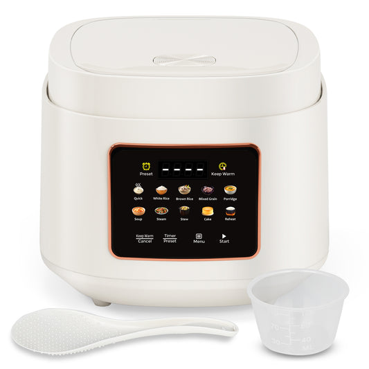 Bluebow Digital Rice Cooker, 10-Cups/5.3QT Rice Maker, 10-in-1 Smart Multi-Cooker, 24-Hour Timer & Keep Warm, Non-Stick Inner Pot, White