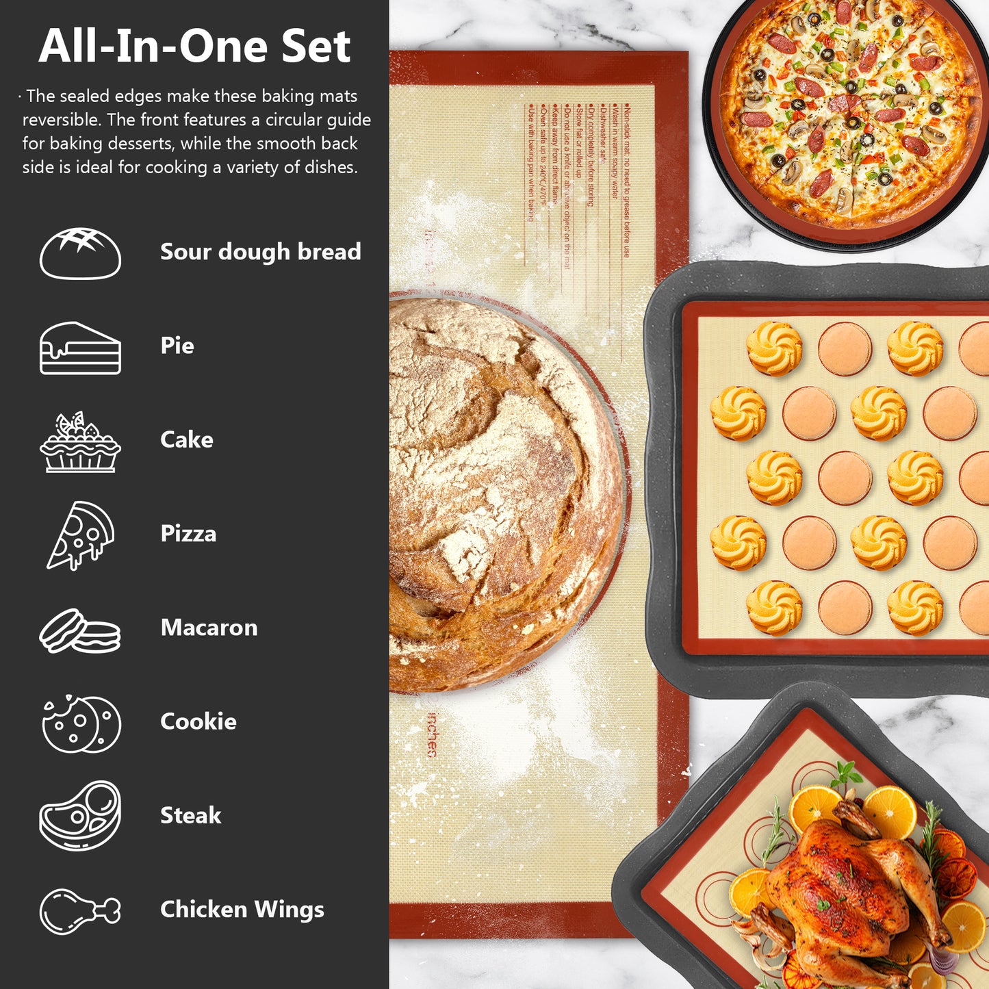 Vaparinckl Premium Silicone Baking Mat Set of 4, Pastry Dough 26"x16" Mat, Non-Stick Reusable Oven Sheet for Macaron, Cookie, Pizza, Fondant, Pan Liner