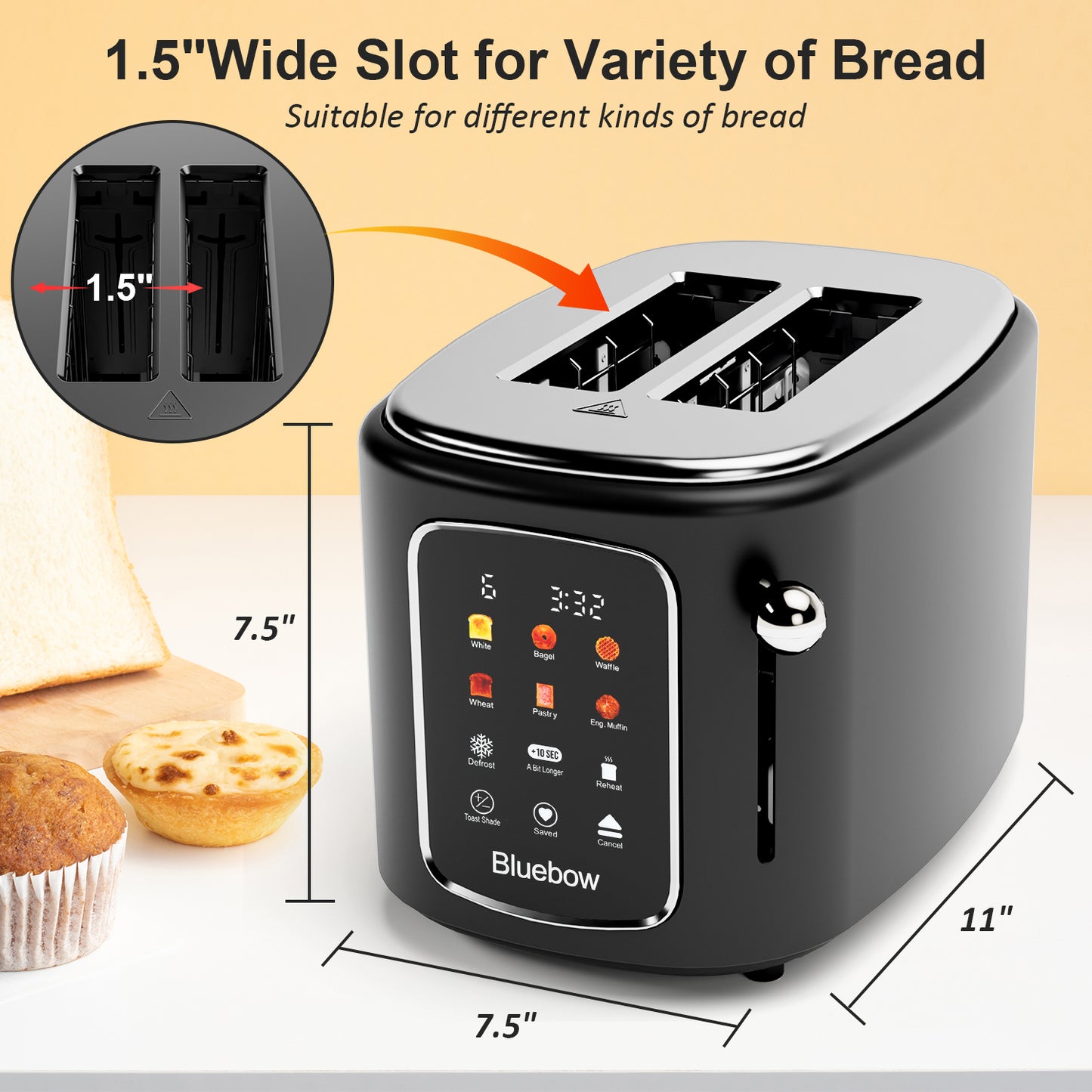 Bluebow 2-Slice Touchscreen Toaster, Removable Tray, Kitchen Appliances, Apartment Essentials (Black)