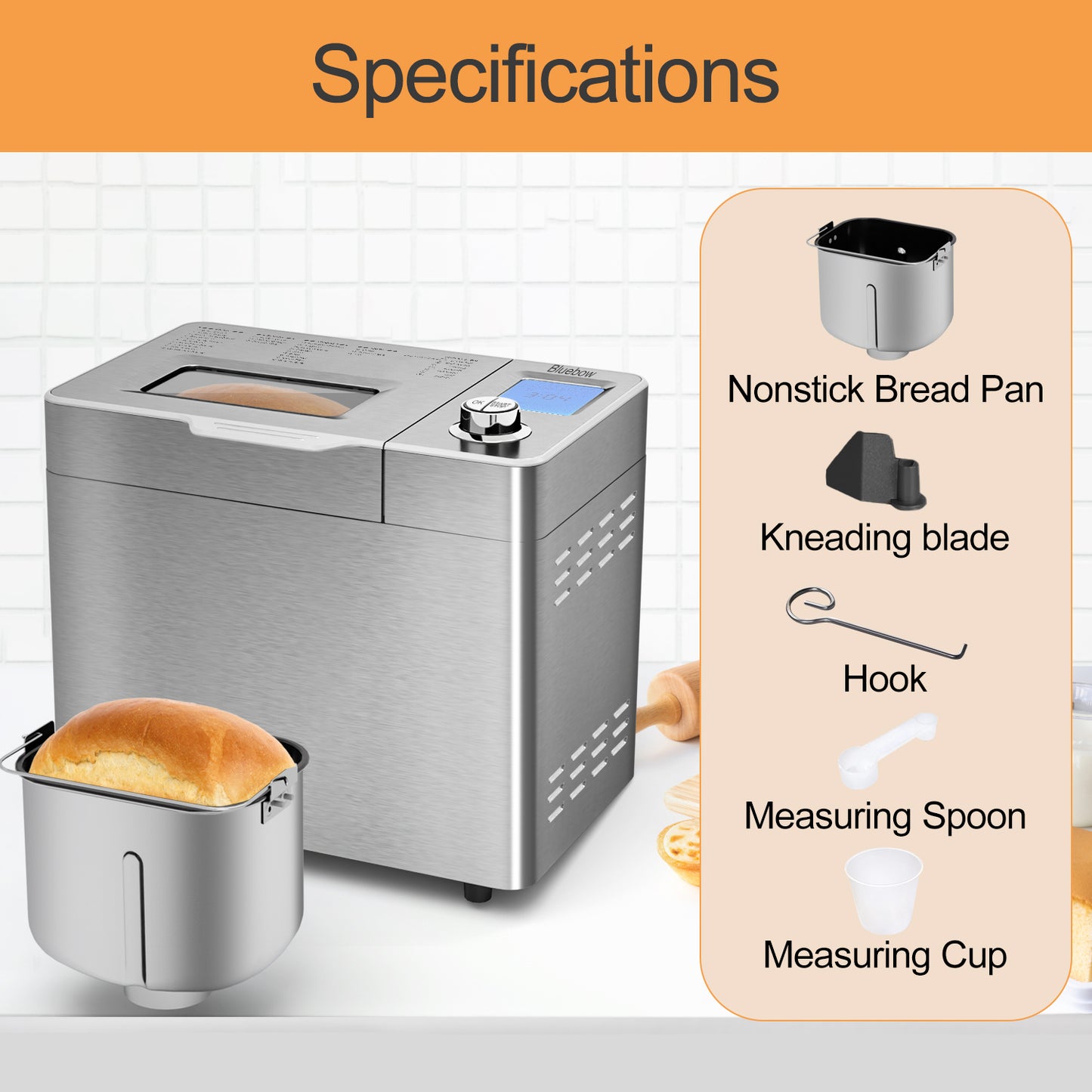 Bluebow 25-in-1 Bread Maker, 2LB Bread Machine with Auto Fruit/Nut Dispenser, Gluten-Free Setting, Keep Warm&13H Delay Timer, Stainless Steel