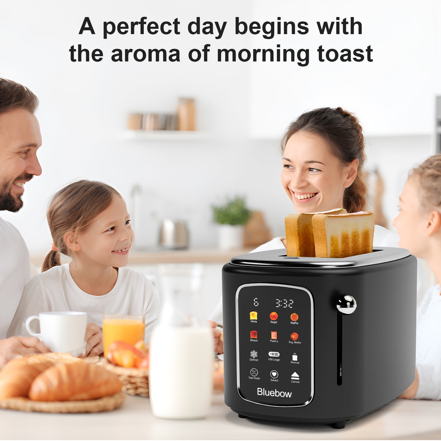 Bluebow 2-Slice Touchscreen Toaster, Removable Tray, Kitchen Appliances, Apartment Essentials (Black)