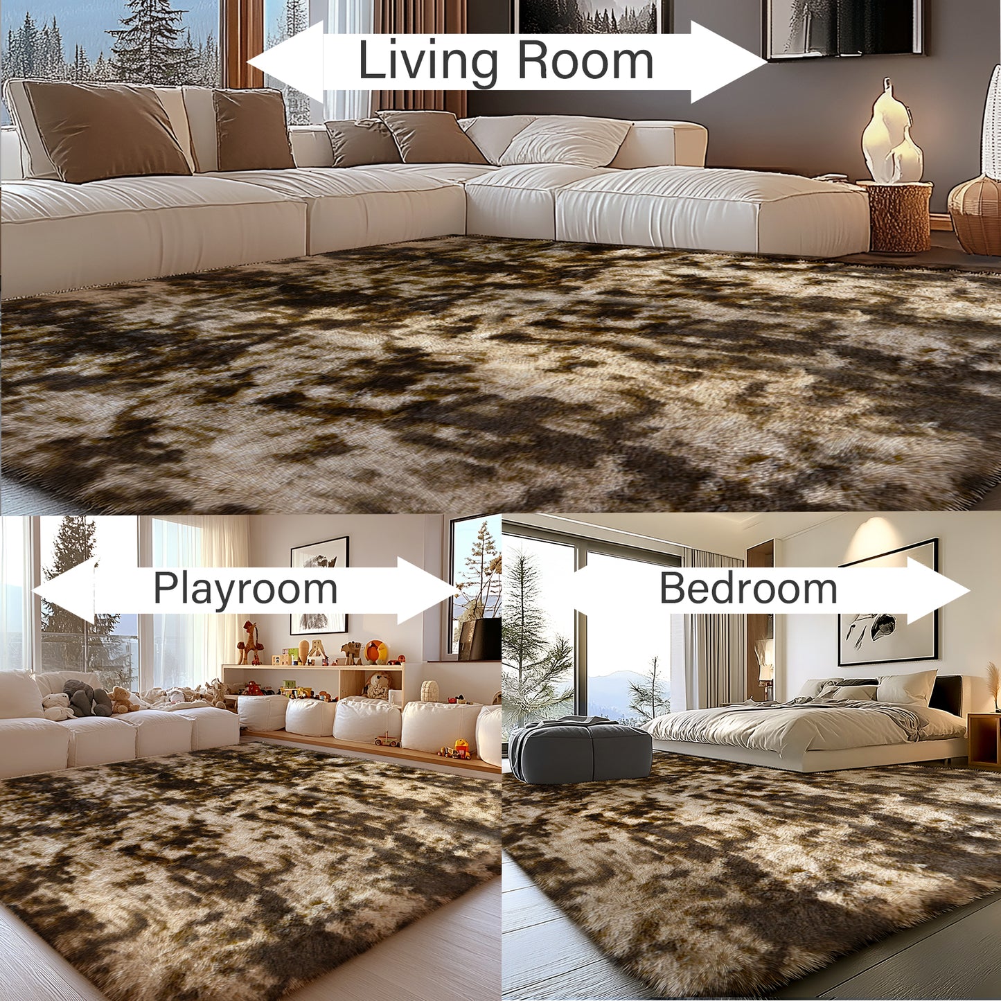 8’ x 10’ Shaggy Area Rugs, Soft Fluffy Indoor Carpet for Living Room Bedroom Decor, Tie-dyed Coffee