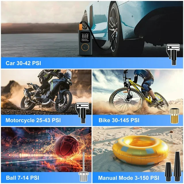 Pentantan Portable Tire Inflator, 150 PSI Cordless Air Compressor, Digital Pressure Gauge Air Pump with Automatic Shutoff & 3 Modes LED Light for Car, Motorcycles, Bicycles, Balls