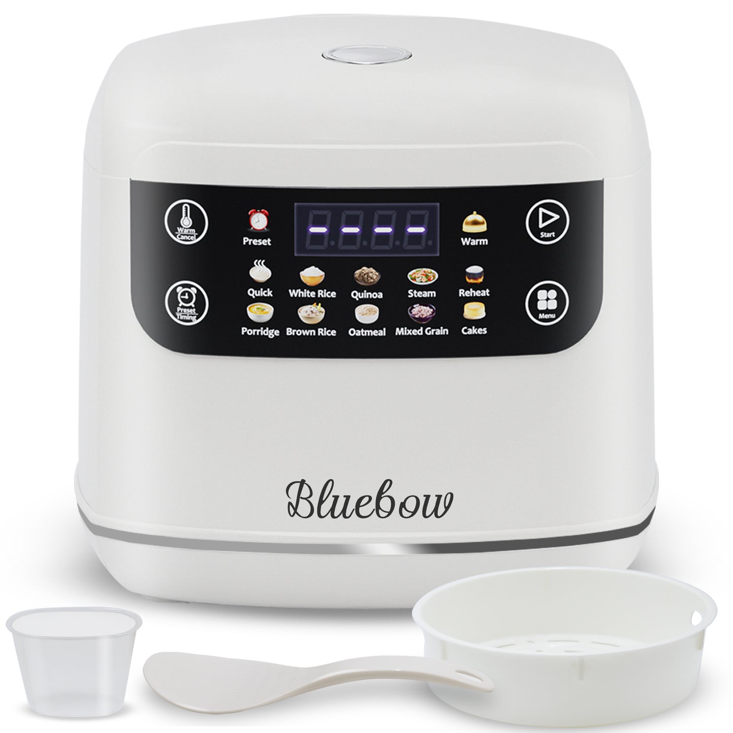 Bluebow Digital Rice Cooker,5-Cup Steamer, Multicooker, Oatmeal, Auto Keep Warm, White