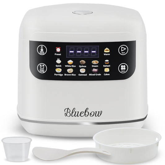Bluebow Digital Rice Cooker,5-Cup Steamer, Multicooker, Oatmeal, Auto Keep Warm, White
