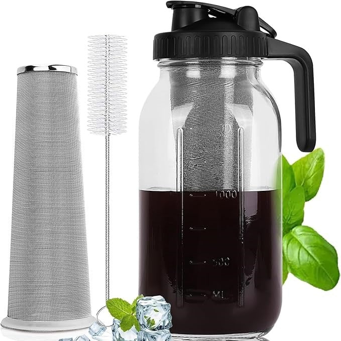Cold Brew Coffee Maker Pitcher, Glass Pitcher Set with Glass Pitcher, Stainless Steel Filter, Cleaning Brush, 64 oz