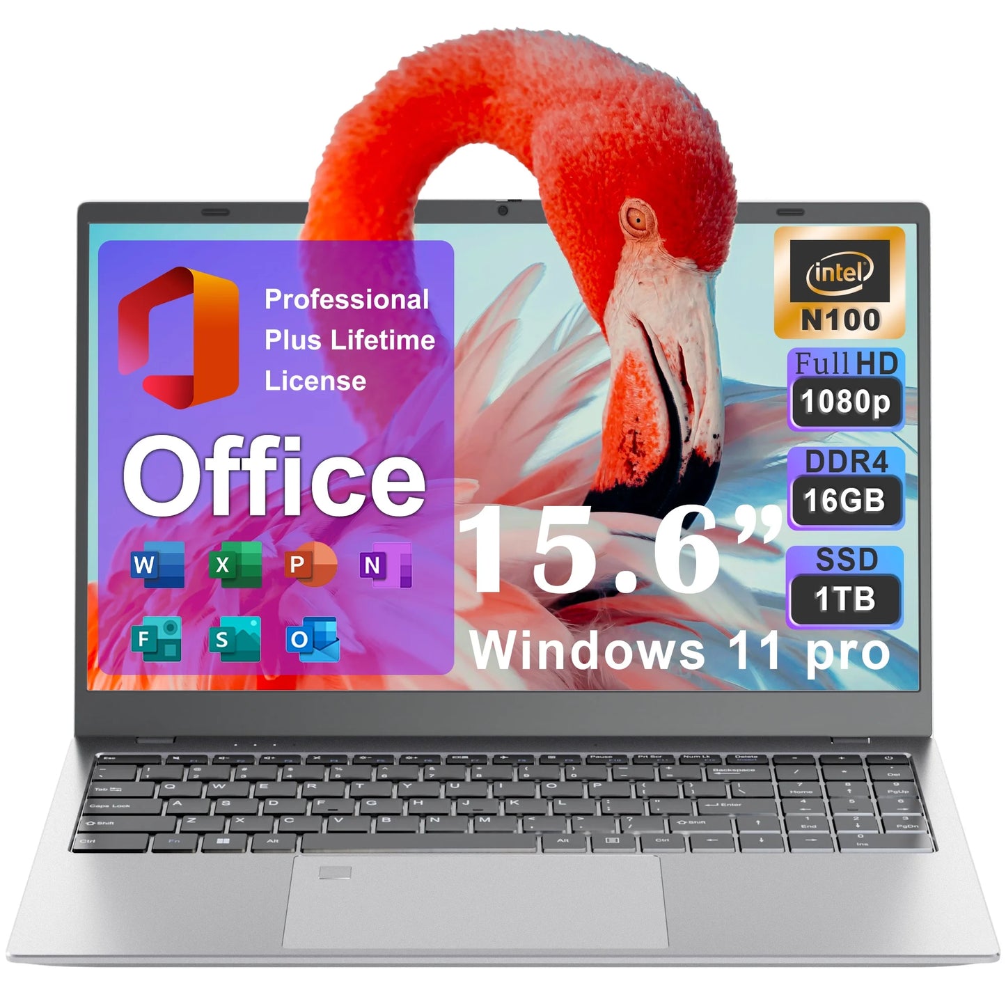 SANPTENT 15.6" FHD Business & Student Laptop Computer, Intel Alder Lake N100, 16GB RAM, 1TB SSD, Win 11 Pro with Microsoft Office, Fingerprint, WiFi, Silver