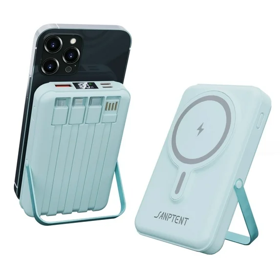 Magnetic Power Bank, 10000mAh Wireless Portable Charger with LED Display, Built-in Cables, Magsafe Charger with Foldable Stand, 22.5W PD Fast Charging for iPhone/Android, Blue