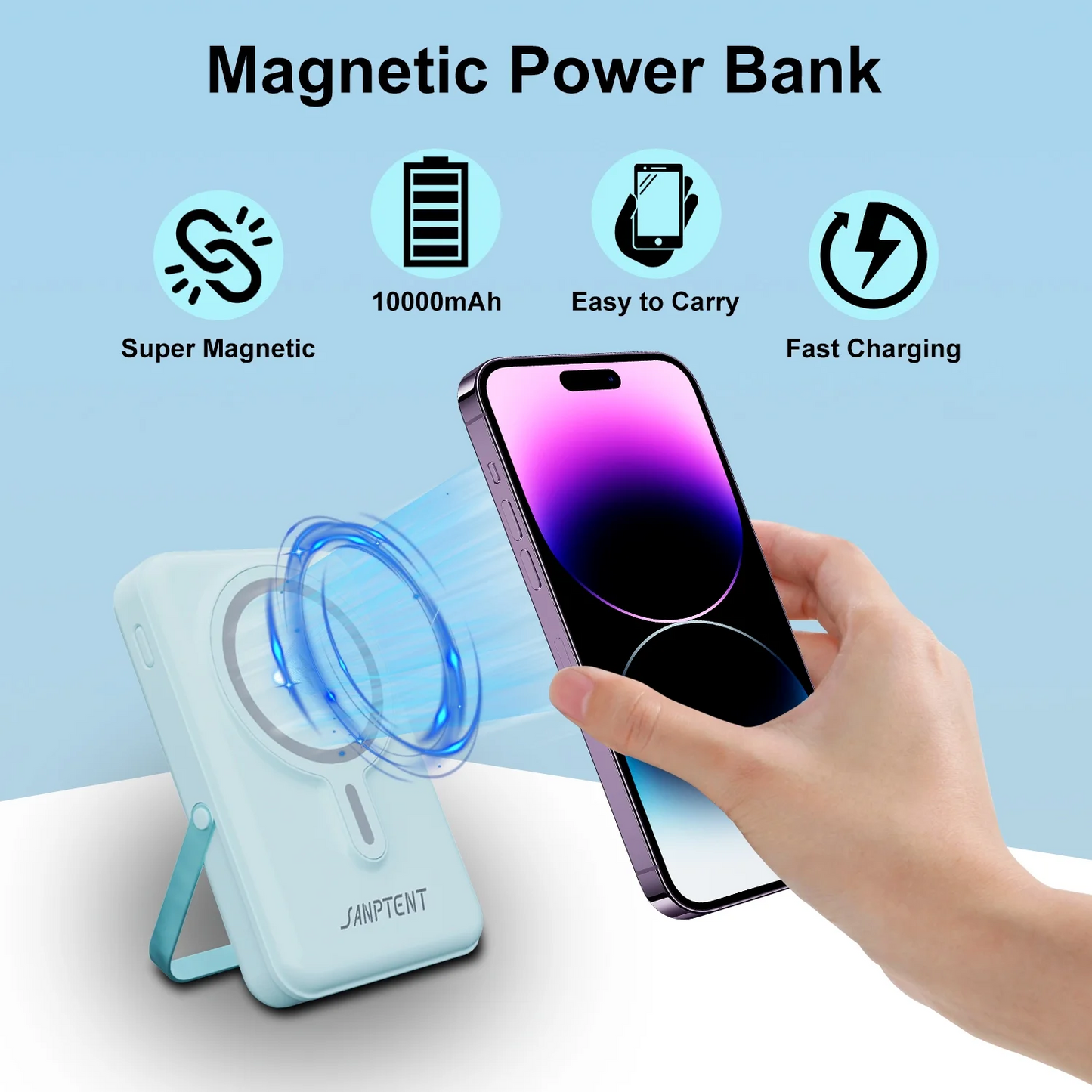 Magnetic Power Bank, 10000mAh Wireless Portable Charger with LED Display, Built-in Cables, Magsafe Charger with Foldable Stand, 22.5W PD Fast Charging for iPhone/Android, Blue