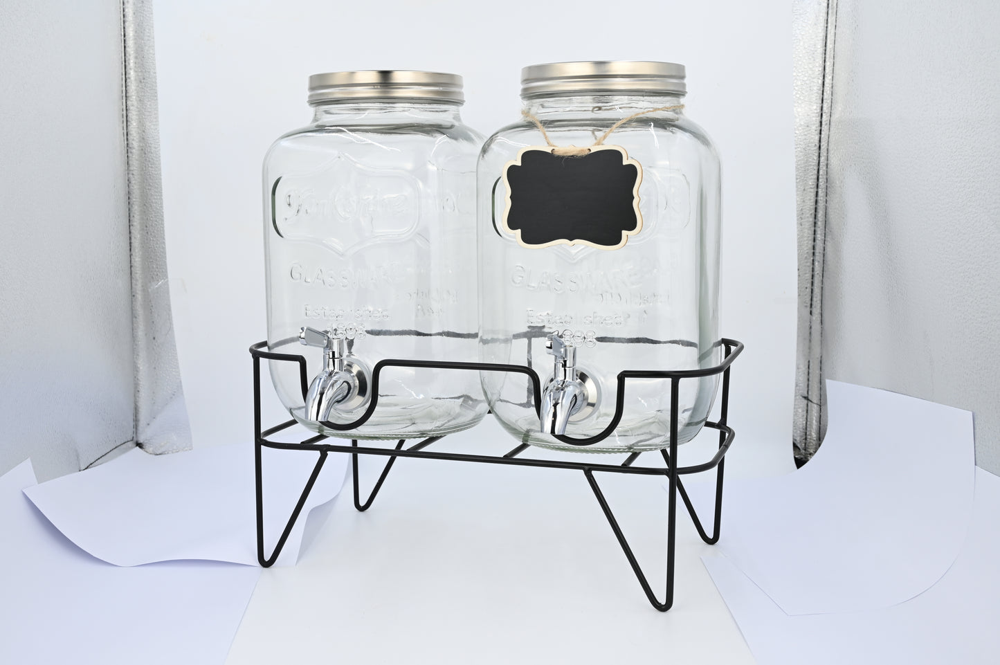 2 Gallon Glass Drink Dispenser Set, Drink Dispensers for Parties Beverage Dispenser with Stand and Stainless Steel Spigot for Juice, Fruit Tea and Lemonade