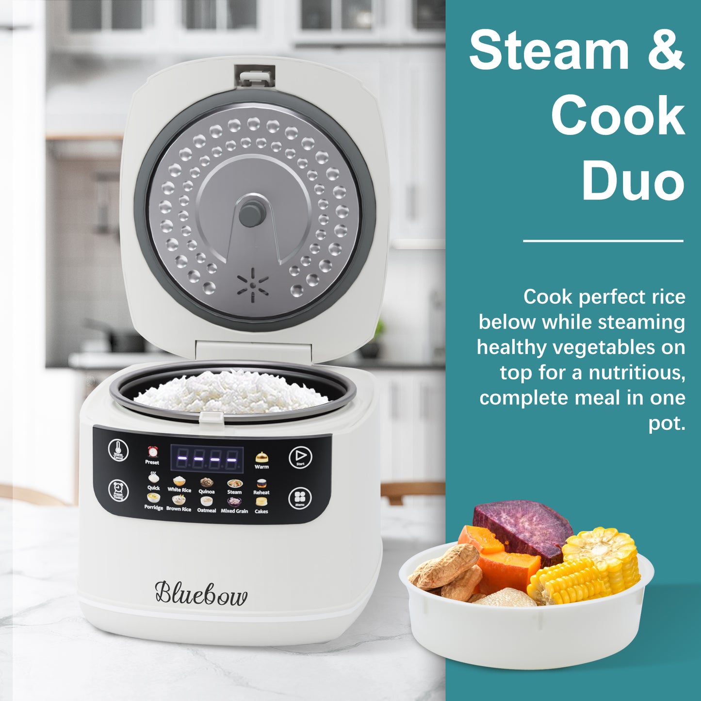 Bluebow Digital Rice Cooker,5-Cup Steamer, Multicooker, Oatmeal, Auto Keep Warm, White