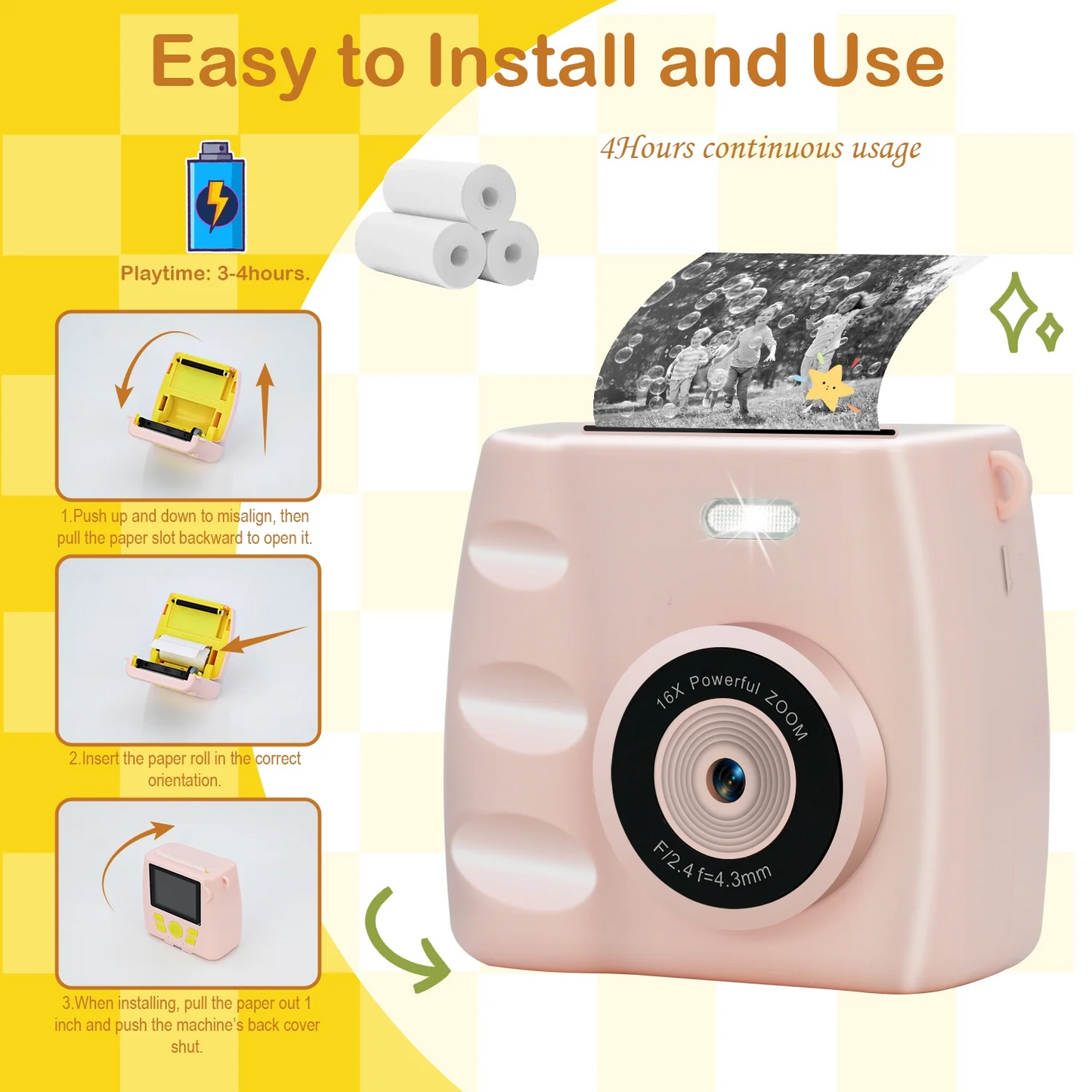 SANPTENT Portable Digital Camera Instant Print, Kids Cameras for Boys & Girls Age 3-12 Christmas Birthday Gifts, Pink