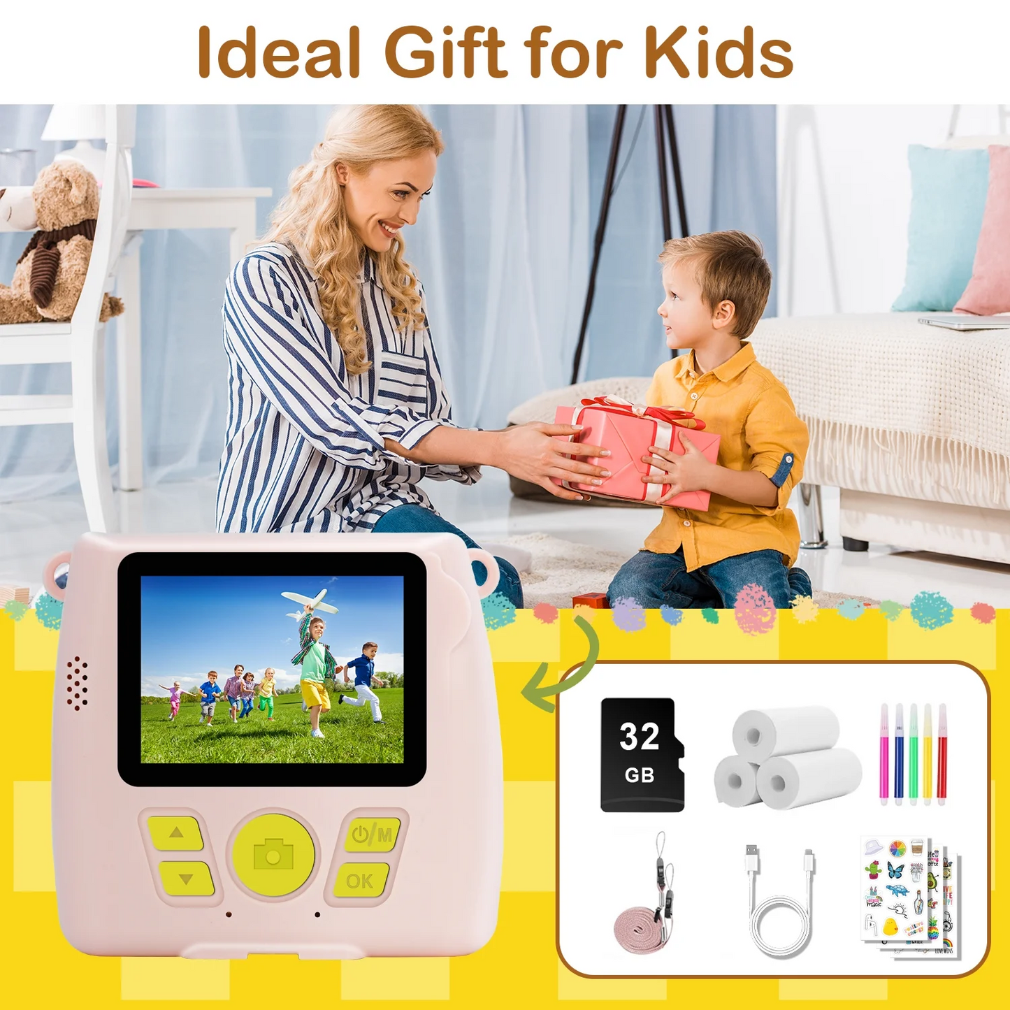 SANPTENT Portable Digital Camera Instant Print, Kids Cameras for Boys & Girls Age 3-12 Christmas Birthday Gifts, Pink