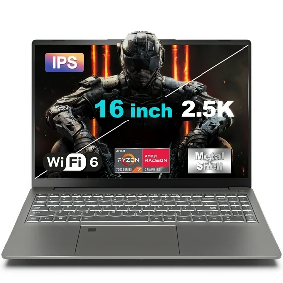 SANPTENT 16 inch 2.5K Gaming Laptop, AMD Ryzen 7-6800H, 16GB DDR5 RAM, 512GB SSD, AMD Radeon Graphics, WiFi 6, Backlit KB, Fingerprint, Win 11 Pro with Microsoft Office