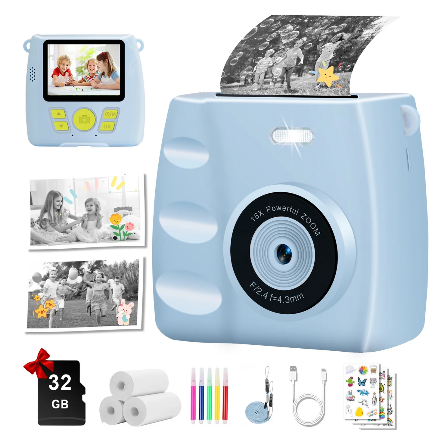 SANPTENT Portable Digital Camera Instant Print, Kids Cameras for Boys & Girls Age 3-12 Christmas Birthday Gifts, Blue