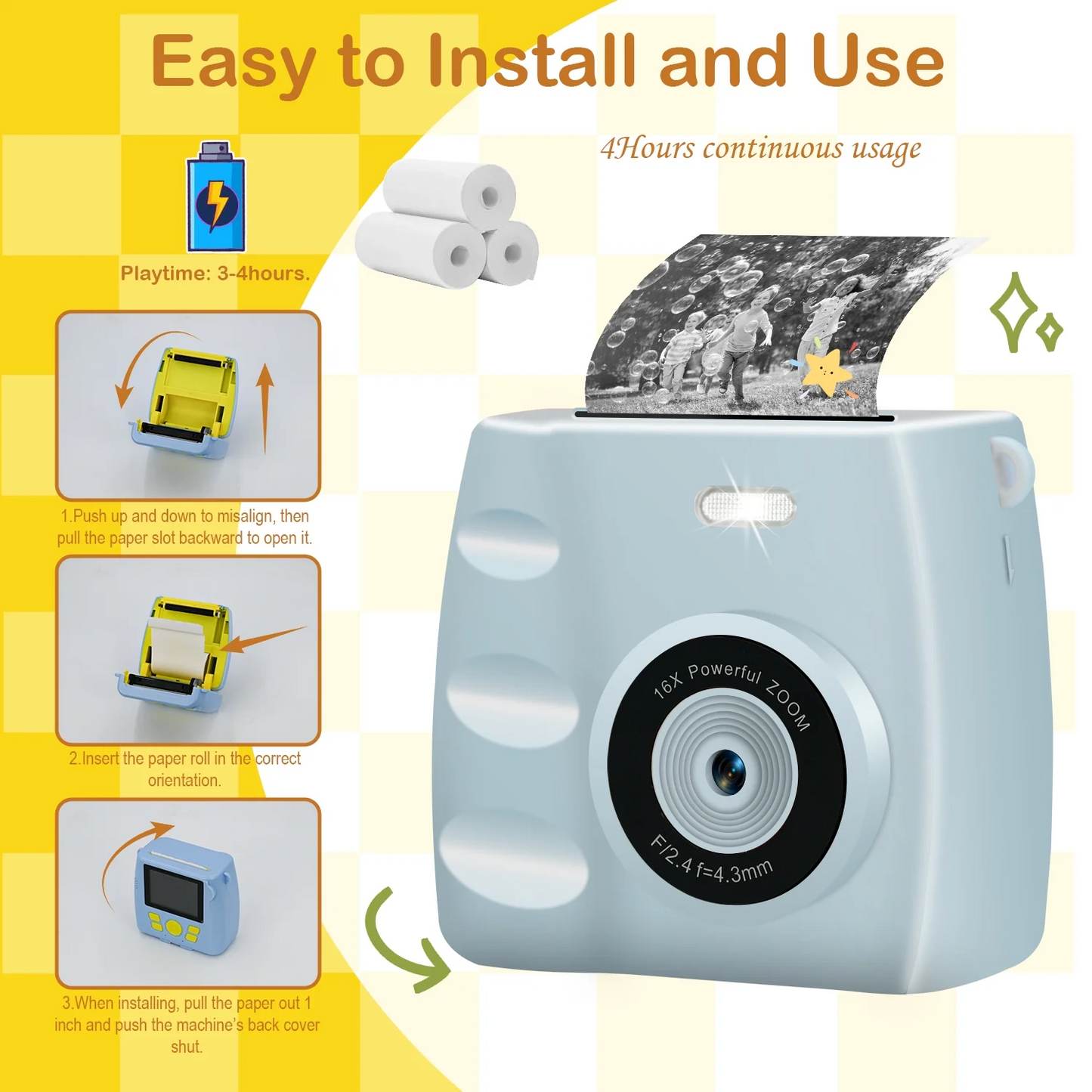 SANPTENT Portable Digital Camera Instant Print, Kids Cameras for Boys & Girls Age 3-12 Christmas Birthday Gifts, Blue