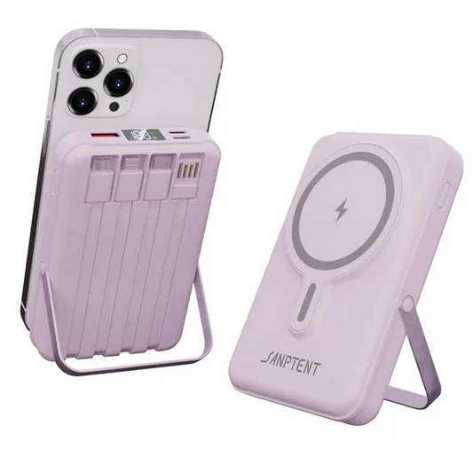 Magnetic Power Bank, 10000mAh Wireless Portable Charger with LED Display, Built-in Cables, Magsafe Charger with Foldable Stand, 22.5W PD Fast Charging for iPhone/Android, Purple