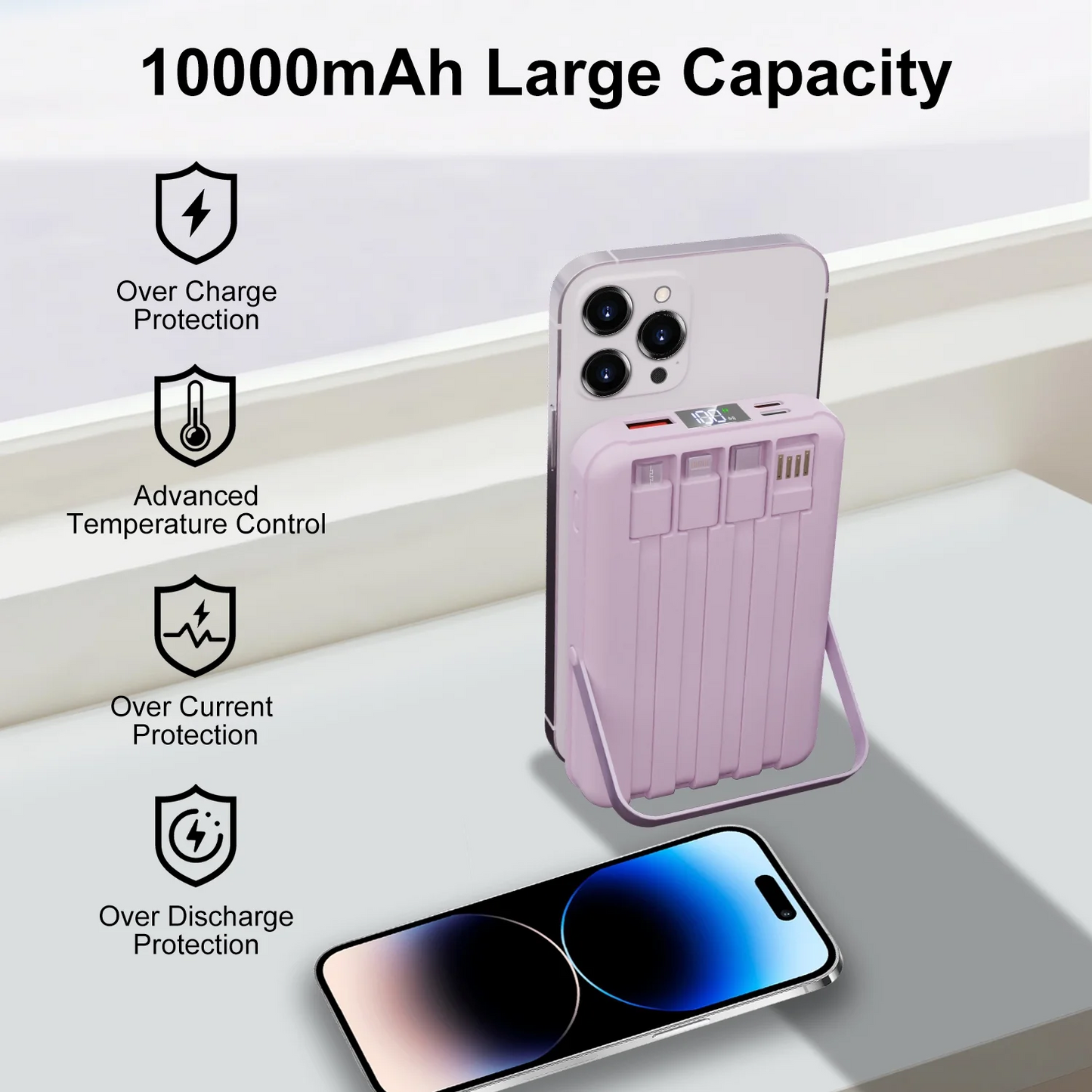Magnetic Power Bank, 10000mAh Wireless Portable Charger with LED Display, Built-in Cables, Magsafe Charger with Foldable Stand, 22.5W PD Fast Charging for iPhone/Android, Purple