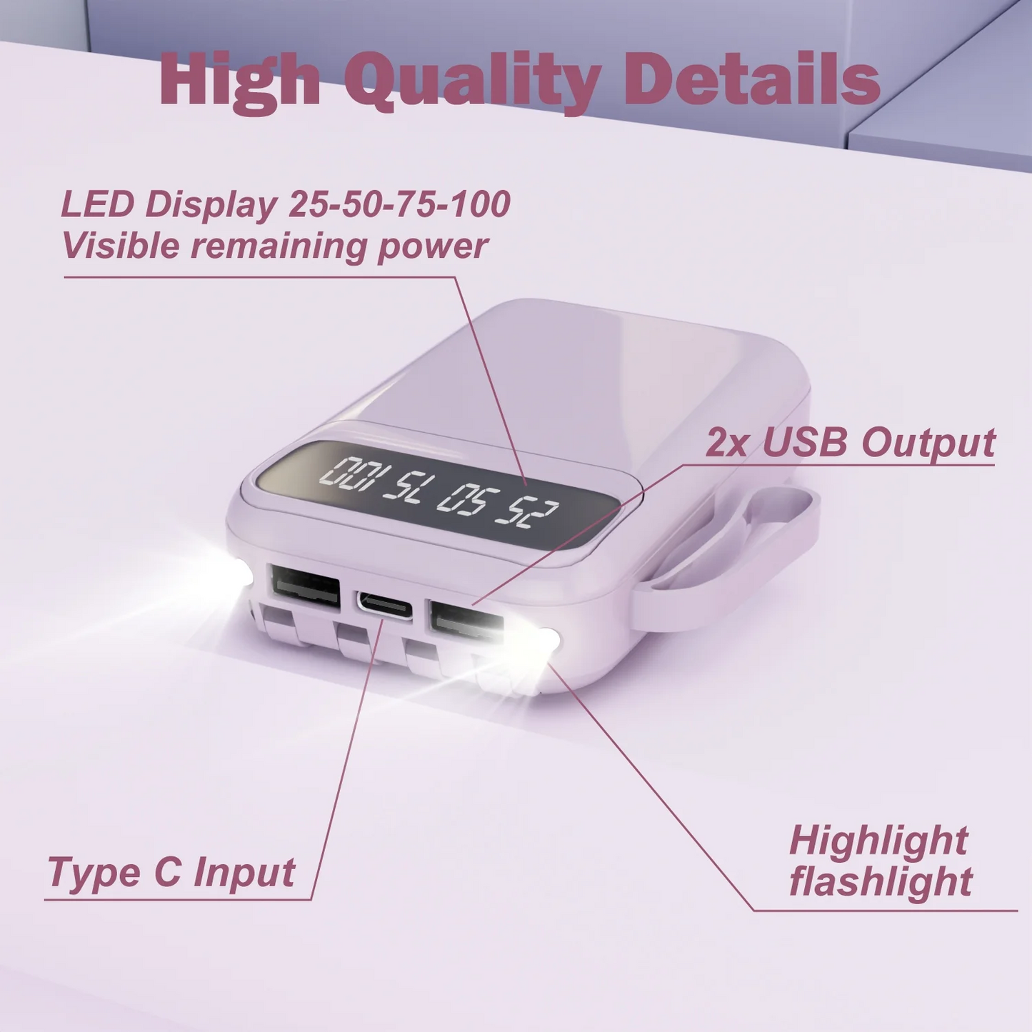 SANPTENT 10000mAh Power Bank Portable Charger with Cables, USB Battery Pack Compatible for iPhone & Android Cell Phones, Purple