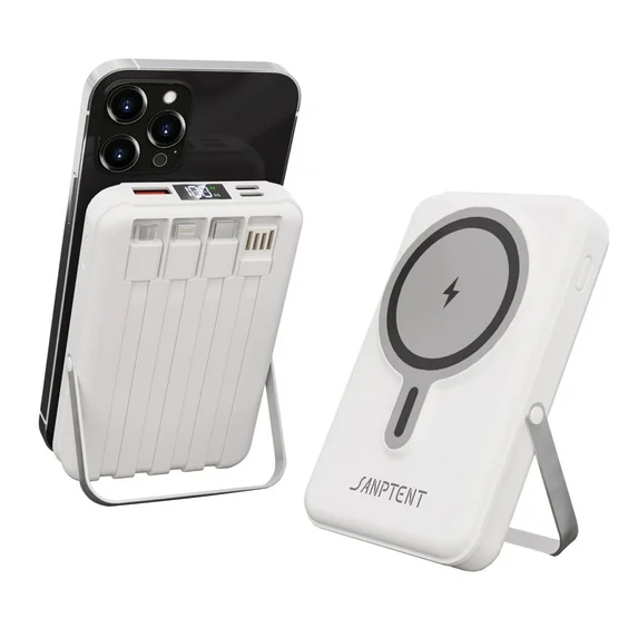 Magnetic Power Bank, 10000mAh Wireless Portable Charger with LED Display, Built-in Cables, Magsafe Charger with Foldable Stand, 22.5W PD Fast Charging for iPhone/Android, White