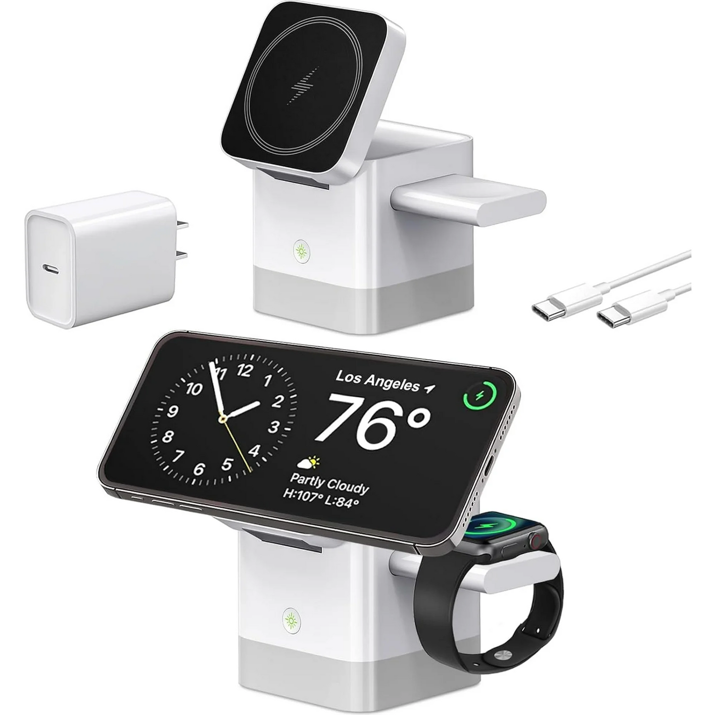 Easy-Goes Tech 3 in 1 Cube Wireless Charger, Foldable Charger Stand, 15W Fast Wireless Charging Station for iPhone 15/14/13/12 Series, Apple Watch, AirPods - White